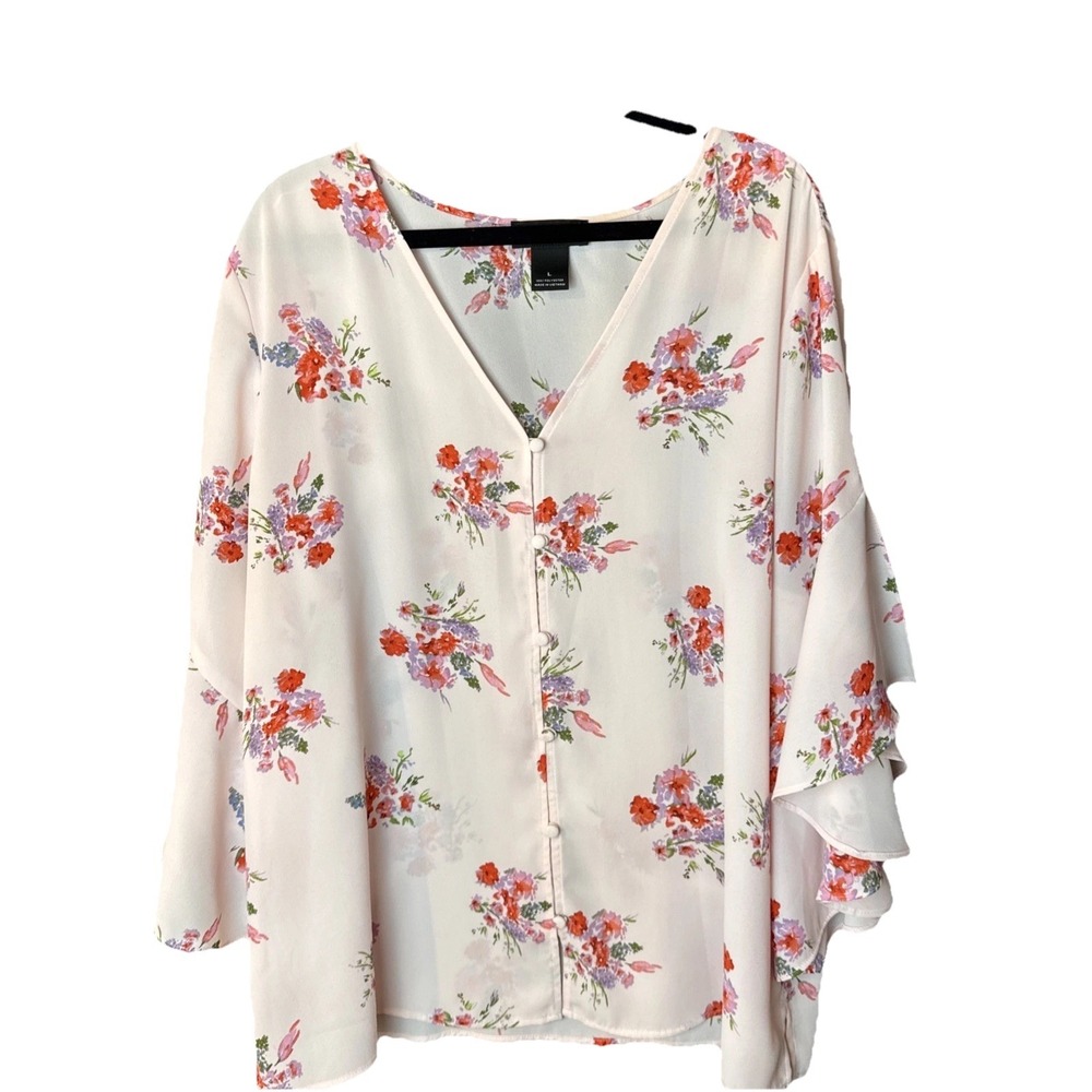 Investments Floral Blouse‎ Women Large Pink Flutter Sleeve V-Neck Button Front